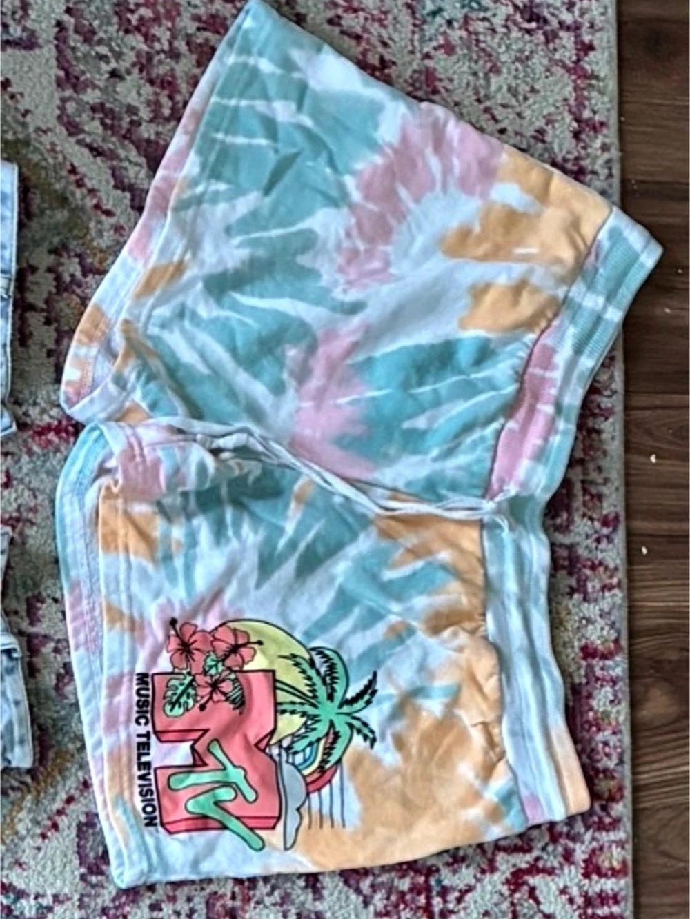 MTV Pastel Tie Dye Tropical Print Graphic Fleece Shorts